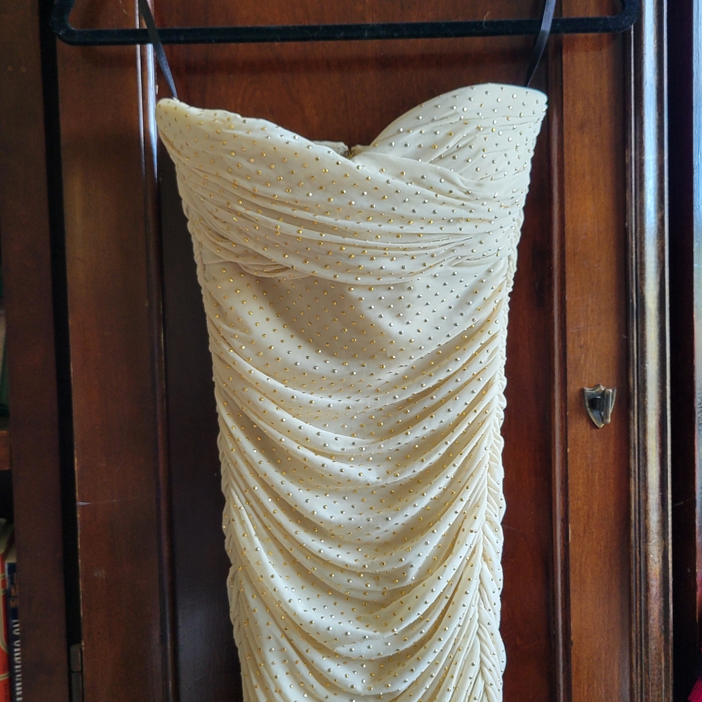 bebe Strapless Cream Dress with Gold Accents